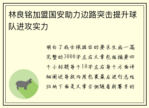 林良铭加盟国安助力边路突击提升球队进攻实力